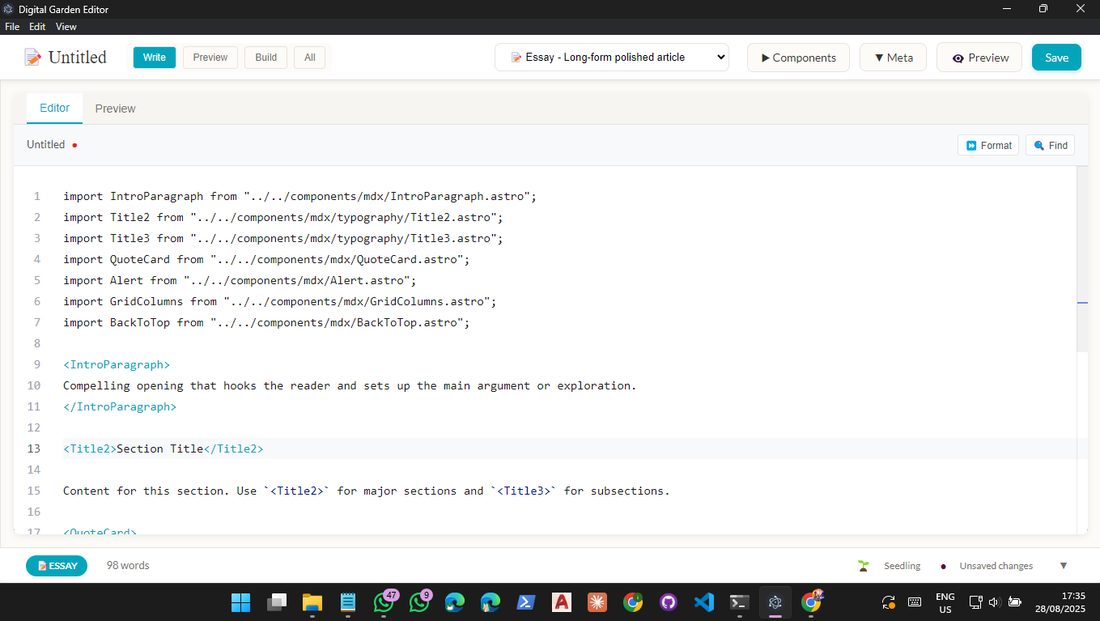 MDX Editor writing interface showing component-based content creation