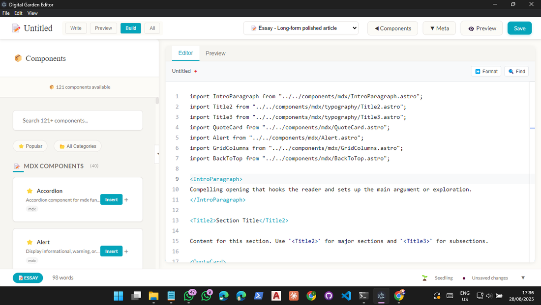 MDX Editor interface showing component library