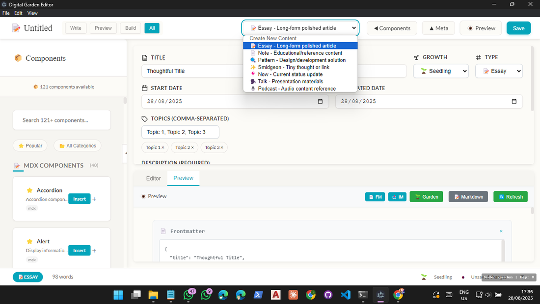 MDX Editor template system showing content type scaffolding